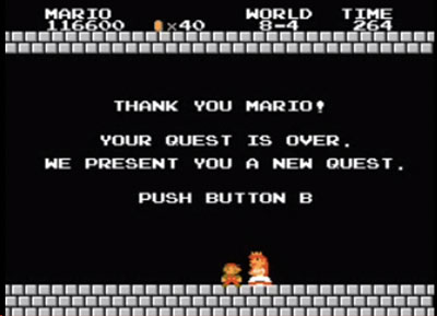 Det viser seg at Prinsessen ikke har noen planer om et lykkelig bryllup, men heller ønsker å sende Mario ut på enda et nytt eventyr. Kjipt.