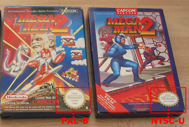 Til venstre: Mega Man 2 PAL-B. Høyre: Mega Man 2 NTSC-U(USA) 