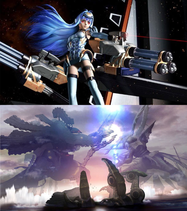 To senere Xeno-spill. Øverst er KOS-MOS, den svært ikoniske kampandroiden fra Xenosaga-universet. Nederst har vi Xenoblade, hvor hele spillet foregår på toppen av to massive kjemper.