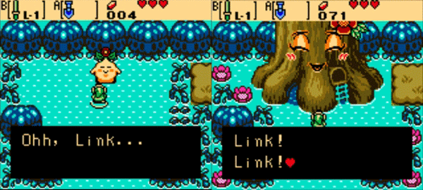 Ikke et Zelda uten et snakkende tre? Her har vi det ganske så nyforelskede Maku-treet i begge tidsperiodene.